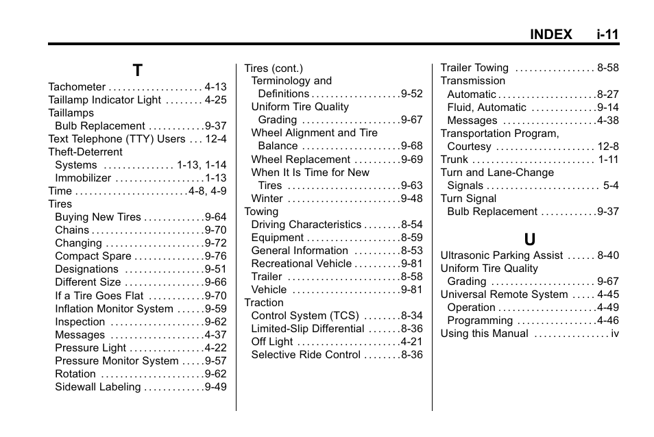 Index_t, Index_u, Index i-11 | Buick 2010 Lacrosse User Manual | Page 417 / 418