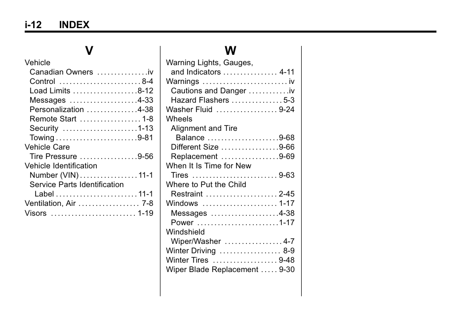 Index_v, Index_w, I-12 index | Buick 2010 Lacrosse User Manual | Page 418 / 418