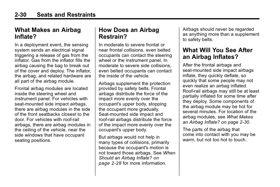 What makes an airbag inflate, How does an airbag restrain, What will you see after an airbag inflates | What makes an airbag, Inflate? -30, How does an airbag, Restrain? -30, What will you see after an, Airbag inflates? -30 | Buick 2010 Lacrosse User Manual | Page 56 / 418