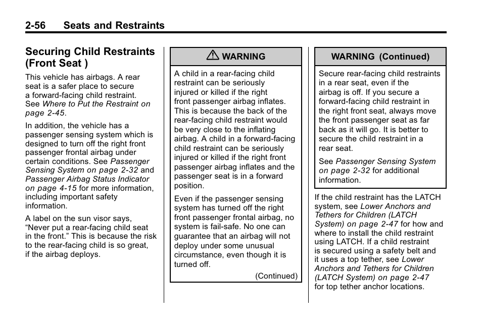Securing child restraints (front seat ), Securing child restraints, Front seat ) -56 | Buick 2010 Lacrosse User Manual | Page 82 / 418