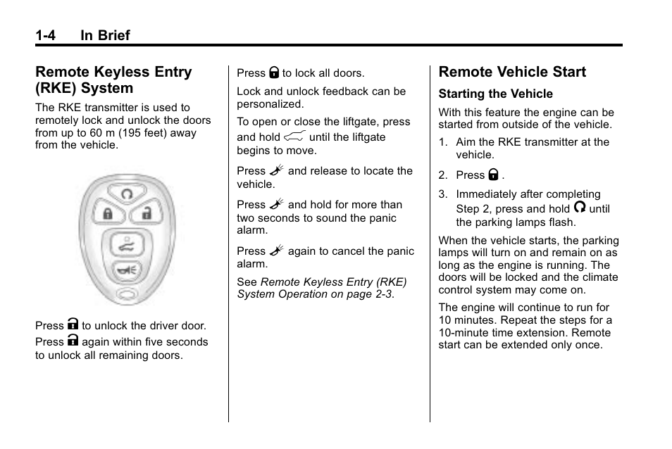 Remote keyless entry (rke) system, Remote vehicle start, Remote keyless entry (rke) | System -4, Remote vehicle start -4, Radio(s) | Buick 2010 Enclave User Manual | Page 10 / 440