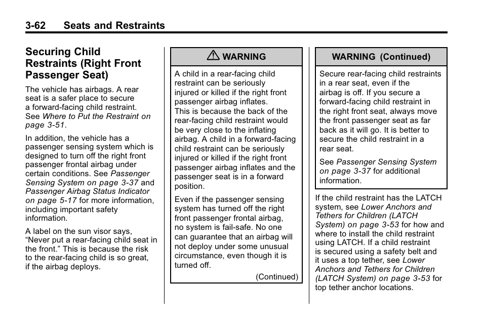 Securing child restraints, Right front passenger seat) -62 | Buick 2010 Enclave User Manual | Page 112 / 440