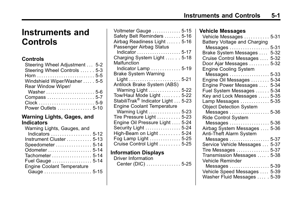 Instruments and controls, Instruments and controls 5-1 | Buick 2010 Enclave User Manual | Page 119 / 440