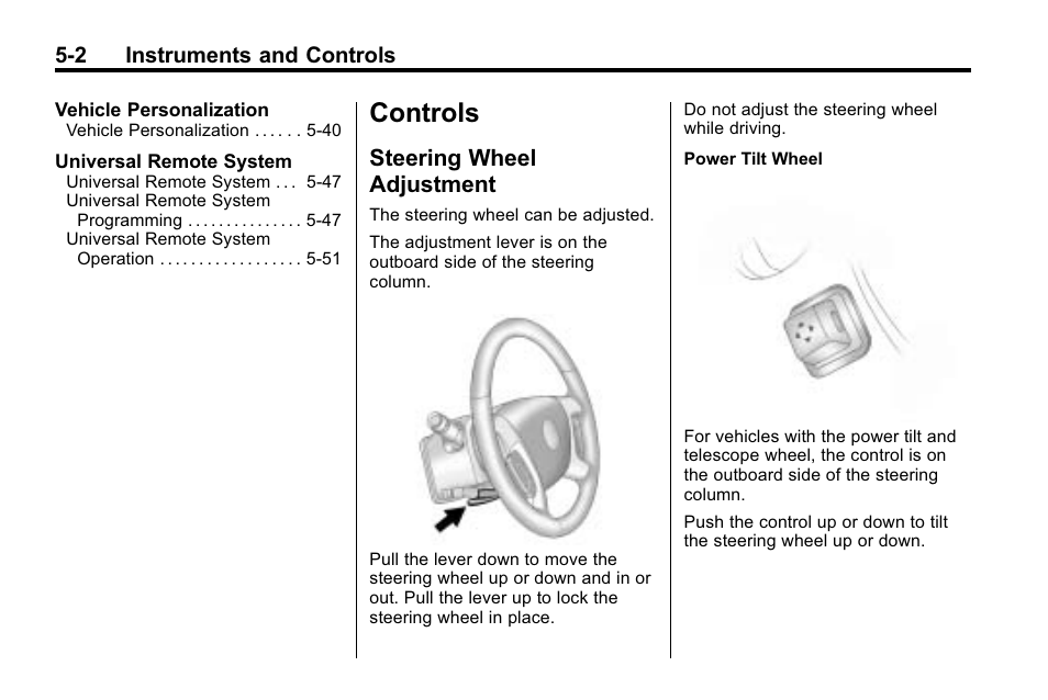 Controls, Steering wheel adjustment, Controls -2 | Starting and operating, Steering wheel adjustment on, Steering wheel adjustment -2 | Buick 2010 Enclave User Manual | Page 120 / 440