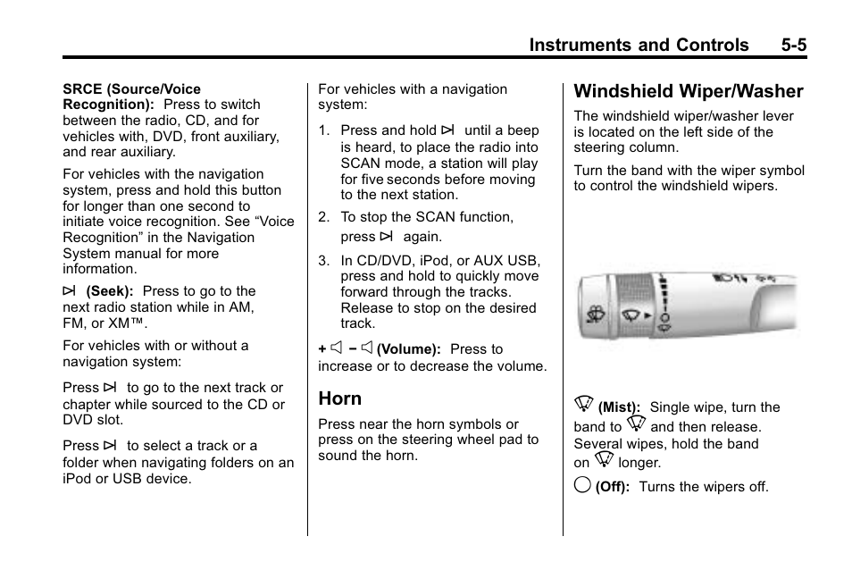 Horn, Windshield wiper/washer, Windshield wiper/washer on | Horn -5 windshield wiper/washer -5 | Buick 2010 Enclave User Manual | Page 123 / 440