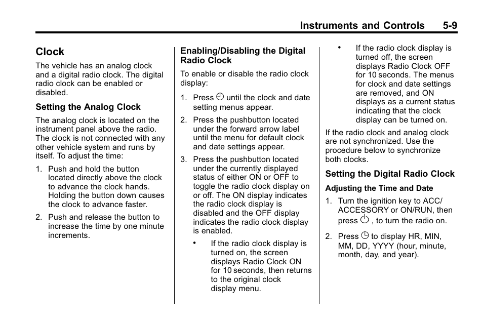Clock, Clock -9, Stabilit | Instruments and controls 5-9 | Buick 2010 Enclave User Manual | Page 127 / 440