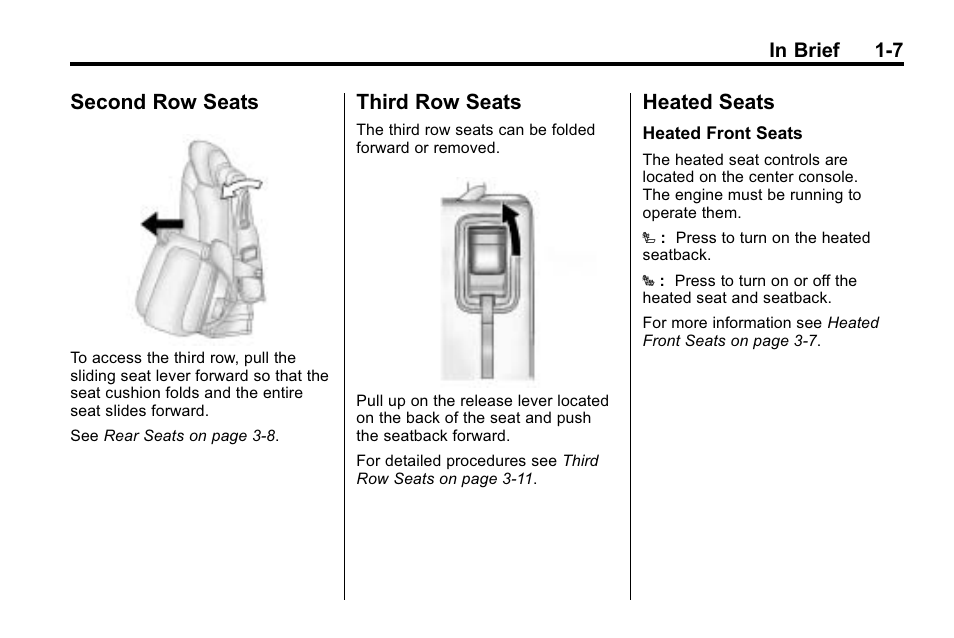 Second row seats, Third row seats, Heated seats | Buick 2010 Enclave User Manual | Page 13 / 440