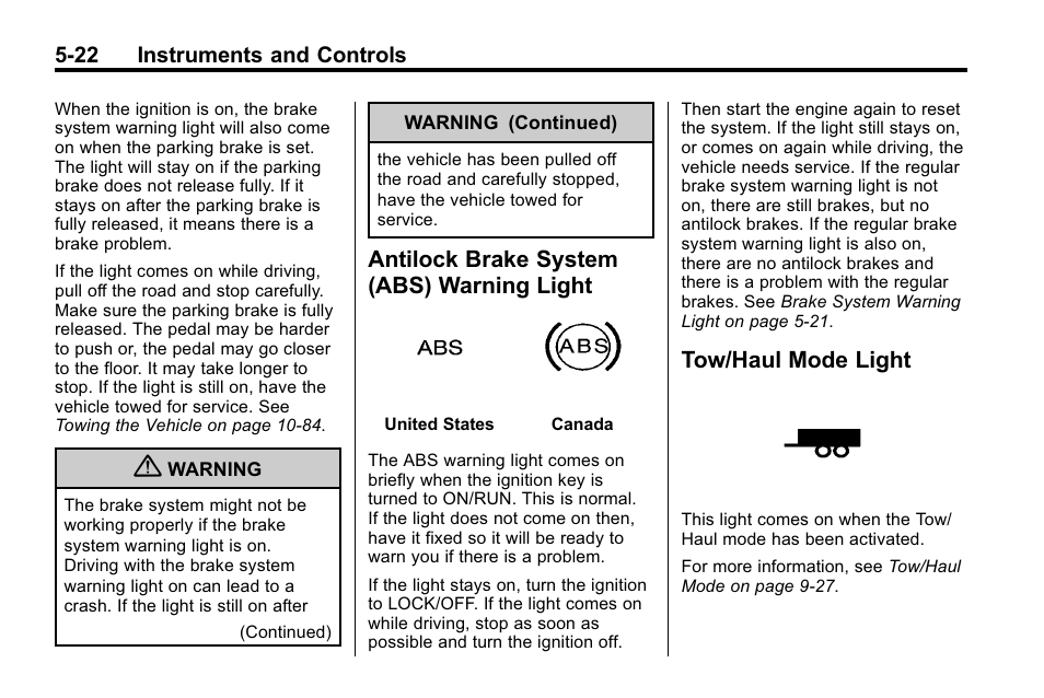 Antilock brake system (abs) warning light, Tow/haul mode light, Antilock brake system (abs) | Warning light -22, Tow/haul mode light -22 | Buick 2010 Enclave User Manual | Page 140 / 440