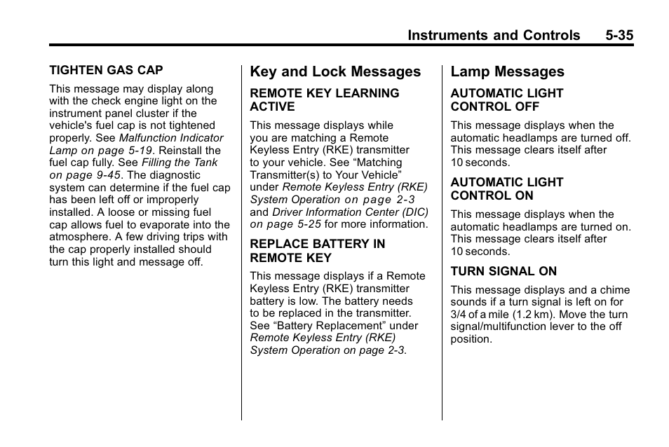 Key and lock messages, Lamp messages, Key and lock messages -35 lamp messages -35 | Buick 2010 Enclave User Manual | Page 153 / 440