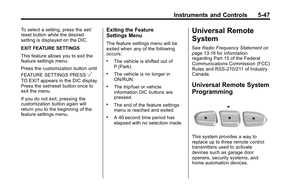 Universal remote system, Universal remote system programming, Remote system -47 | Cruise control, Programming -47, Instruments and controls 5-47 | Buick 2010 Enclave User Manual | Page 165 / 440
