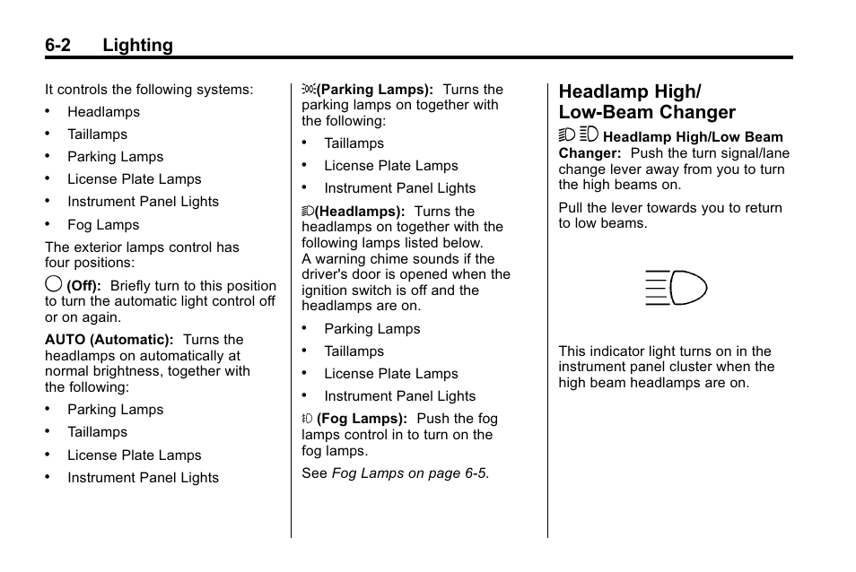 Headlamp high/low-beam changer, Headlamp high/low-beam, Changer -2 | Headlamp high/ low-beam changer 2 3, 2 lighting | Buick 2010 Enclave User Manual | Page 172 / 440