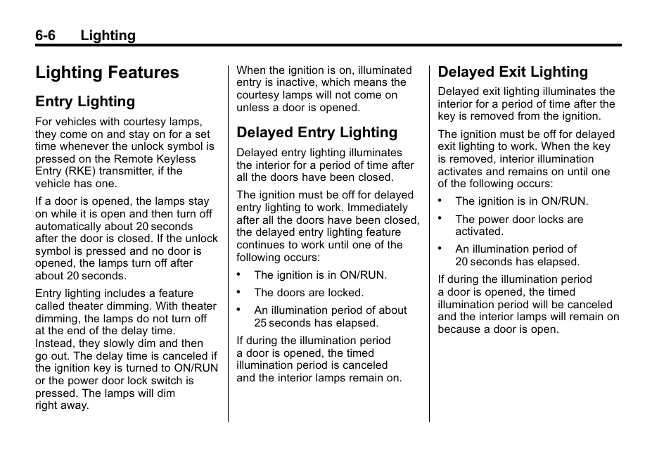 Lighting features, Entry lighting, Delayed entry lighting | Delayed exit lighting, Lighting features -6, 6 lighting | Buick 2010 Enclave User Manual | Page 176 / 440