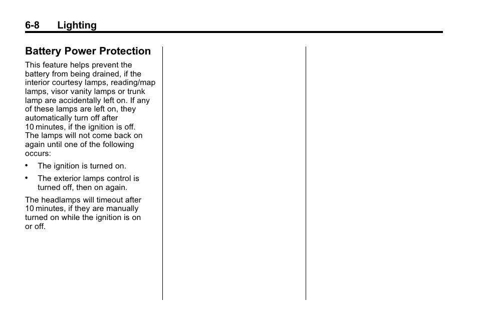 Battery power protection, Battery power protection -8, 8 lighting | Buick 2010 Enclave User Manual | Page 178 / 440