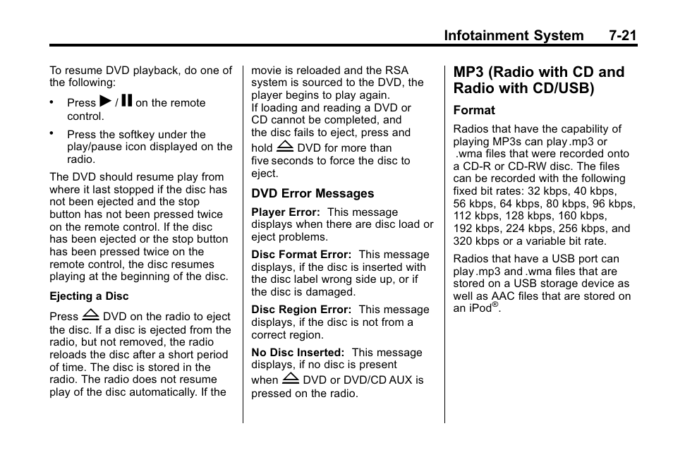 Mp3 (radio with cd and radio with cd/usb), Mp3 (radio with cd and, Radio with cd/usb) -21 | System's, Infotainment system 7-21 | Buick 2010 Enclave User Manual | Page 199 / 440