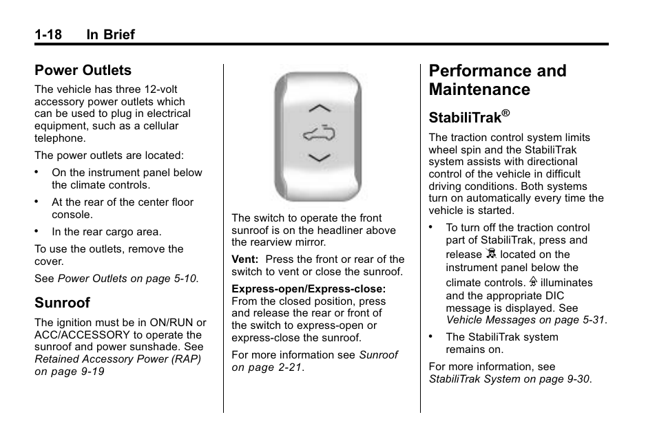 Power outlets, Sunroof, Performance and maintenance | Stabilitrak, Performance and, Maintenance -18, Instruments and controls, Power outlets -18 sunroof -18, 18 in brief | Buick 2010 Enclave User Manual | Page 24 / 440