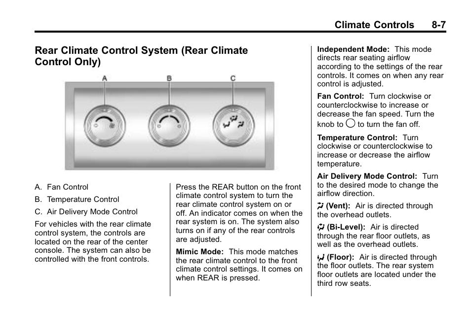 Rear climate control system, Rear climate control only) -7, Climate controls 8-7 | Buick 2010 Enclave User Manual | Page 241 / 440