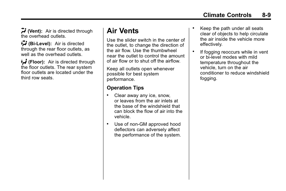 Air vents, Air vents -9, Climate controls 8-9 | Buick 2010 Enclave User Manual | Page 243 / 440