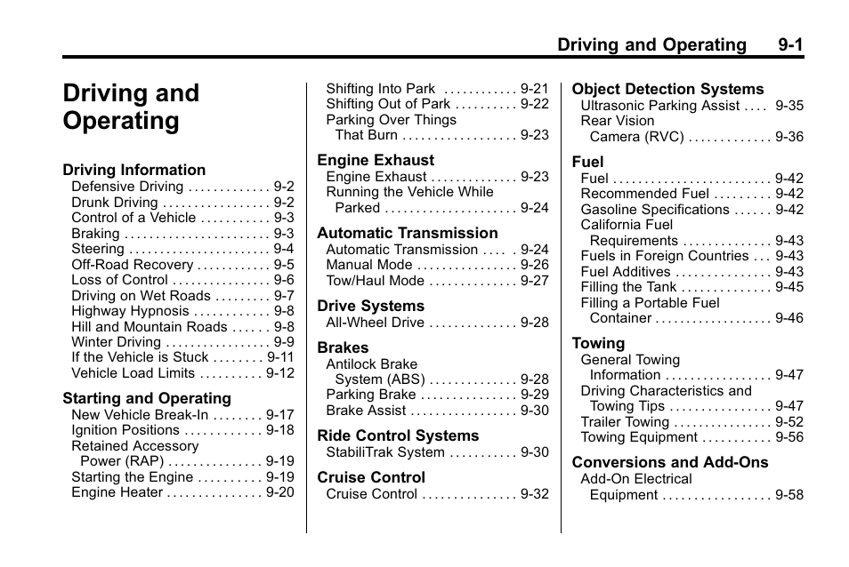 Driving and operating, Driving and operating -1, Driving and operating 9-1 | Buick 2010 Enclave User Manual | Page 245 / 440