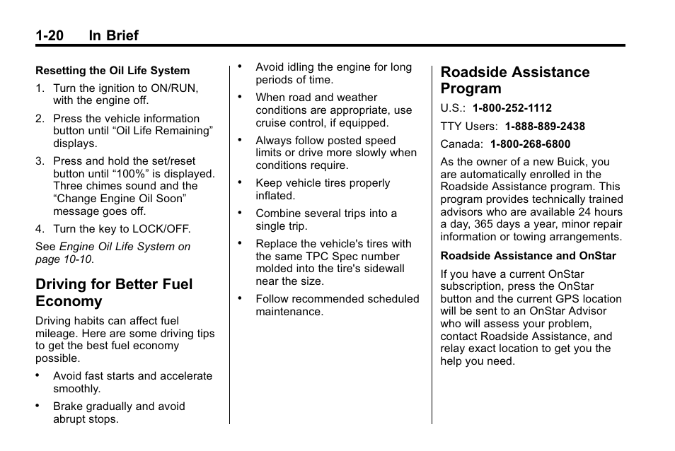 Driving for better fuel economy, Roadside assistance program, Driving for better fuel | Economy -20, Roadside assistance, Program -20, 20 in brief | Buick 2010 Enclave User Manual | Page 26 / 440