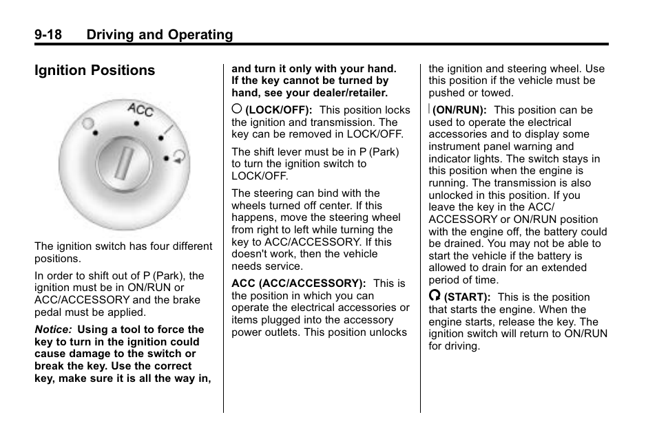 Ignition positions, Ignition positions -18 | Buick 2010 Enclave User Manual | Page 262 / 440