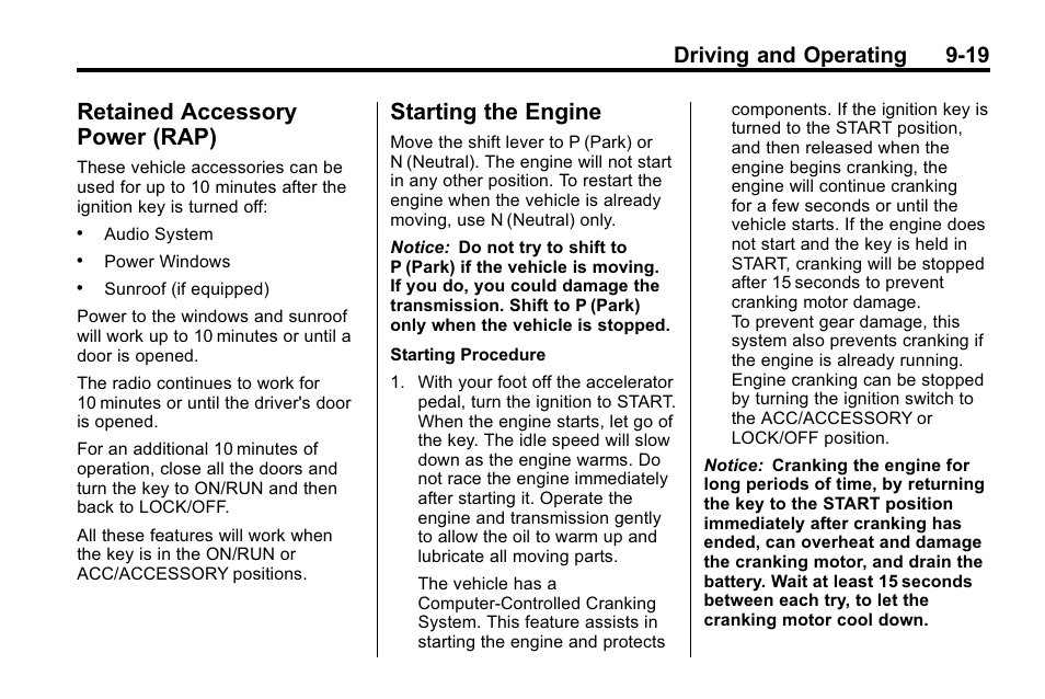 Retained accessory power (rap), Starting the engine, Retained accessory | Power (rap) -19, Starting the engine -19, Driving and operating 9-19 | Buick 2010 Enclave User Manual | Page 263 / 440