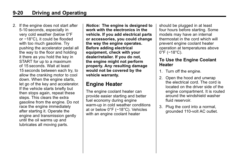 Engine heater, Engine heater -20, 20 driving and operating | Buick 2010 Enclave User Manual | Page 264 / 440
