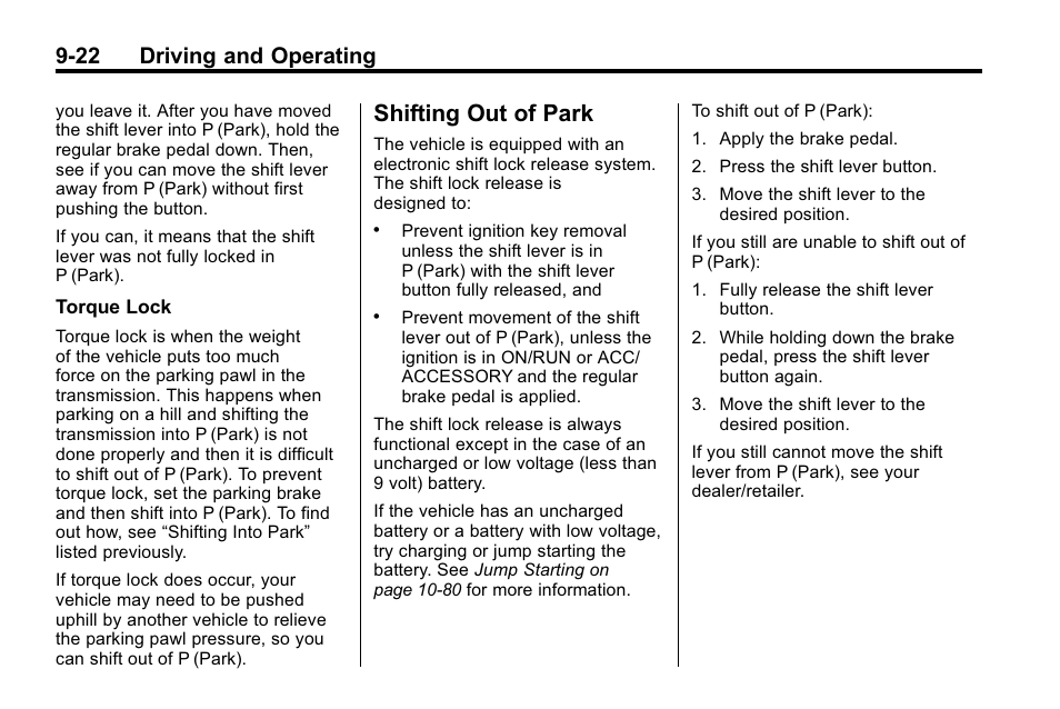 Shifting out of park, Shifting out of park -22, 22 driving and operating | Buick 2010 Enclave User Manual | Page 266 / 440