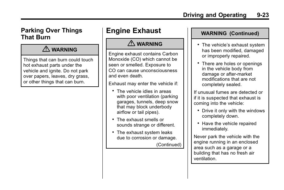 Parking over things that burn, Engine exhaust, Engine exhaust -23 | Parking over things, That burn -23, Driving and operating 9-23 | Buick 2010 Enclave User Manual | Page 267 / 440