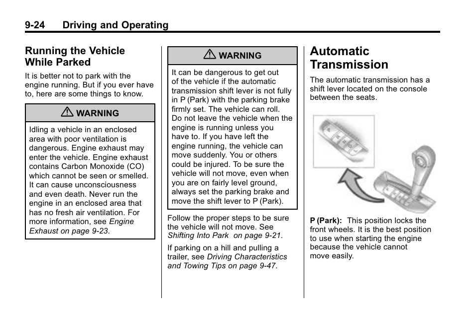 Running the vehicle while parked, Automatic transmission, Running the vehicle while | Parked -24, Transmission -24 | Buick 2010 Enclave User Manual | Page 268 / 440