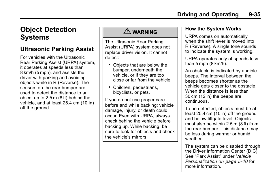 Object detection systems, Ultrasonic parking assist, Object detection systems -35 | Ultrasonic parking assist -35 | Buick 2010 Enclave User Manual | Page 279 / 440