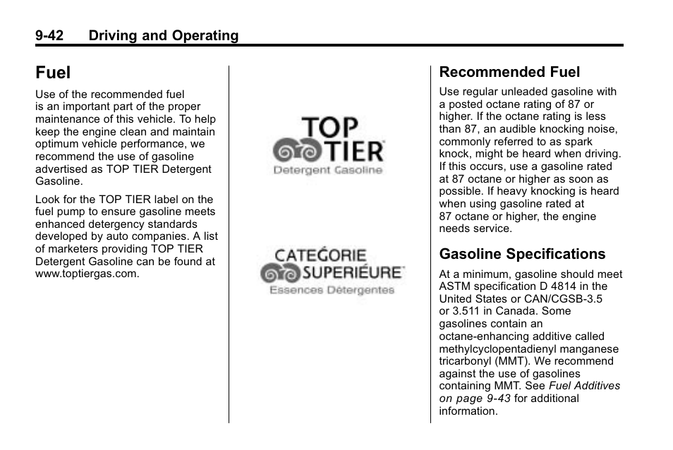 Fuel, Recommended fuel, Gasoline specifications | Fuel -42 | Buick 2010 Enclave User Manual | Page 286 / 440