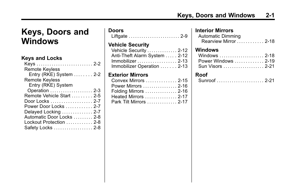 Keys, doors and windows, Keys, doors and windows -1 | Buick 2010 Enclave User Manual | Page 29 / 440