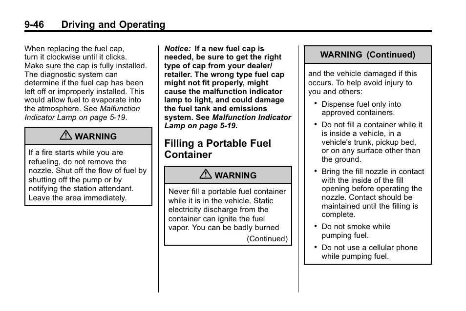 Filling a portable fuel container, Filling a portable fuel, Container -46 | 46 driving and operating | Buick 2010 Enclave User Manual | Page 290 / 440