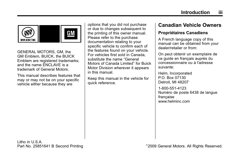 Introduction, Canadian vehicle owners, Introduction iii | Buick 2010 Enclave User Manual | Page 3 / 440
