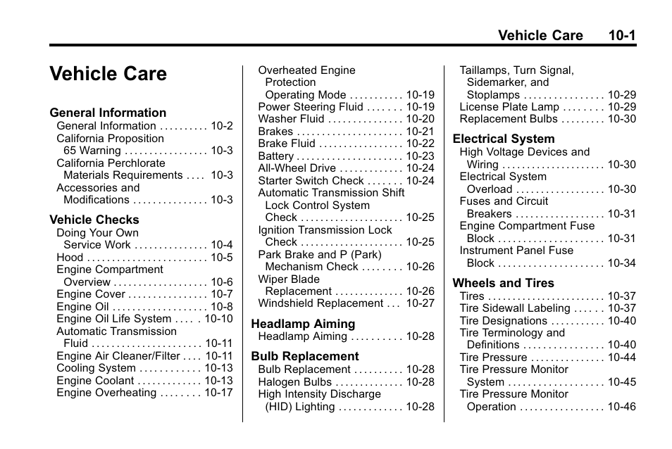 Vehicle care, Vehicle care -1, Vehicle care 10-1 | Buick 2010 Enclave User Manual | Page 303 / 440