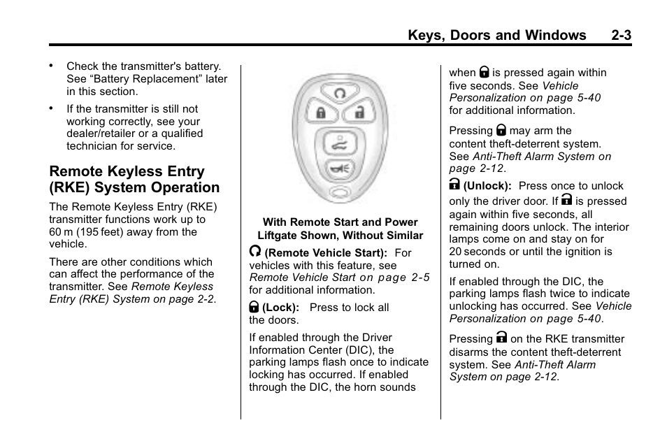 Remote keyless entry (rke) system operation, Remote keyless, Entry (rke) system | Operation -3, Folding, Keys, doors and windows 2-3 | Buick 2010 Enclave User Manual | Page 31 / 440