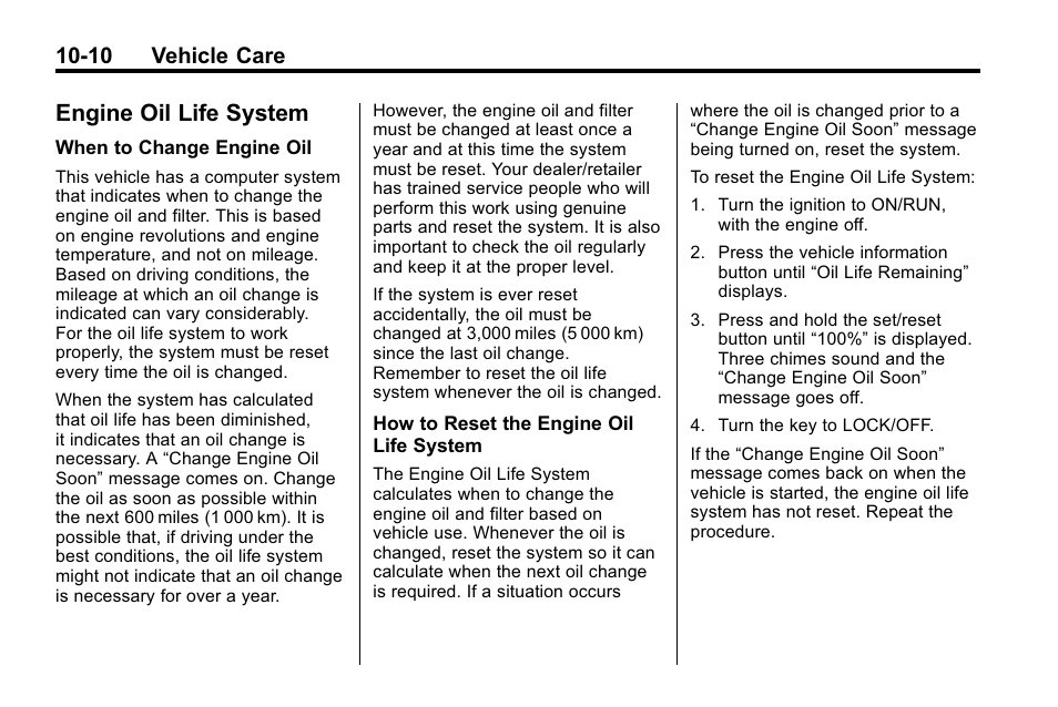Engine oil life system, Engine oil life system -10, Headlamp | 10 vehicle care | Buick 2010 Enclave User Manual | Page 312 / 440