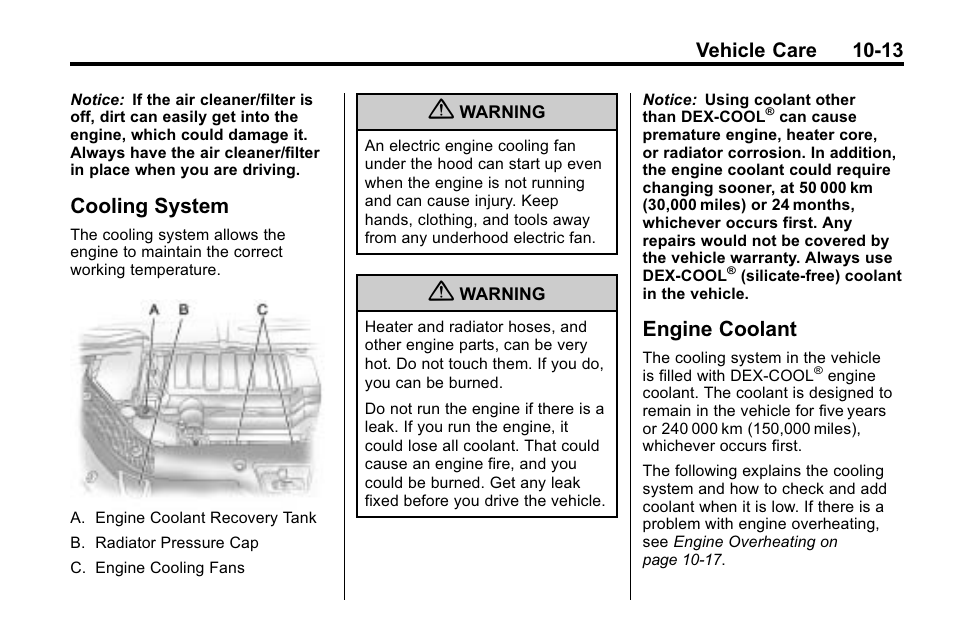 Cooling system, Engine coolant, Cooling system -13 engine coolant -13 | Halogen, Vehicle care 10-13 | Buick 2010 Enclave User Manual | Page 315 / 440