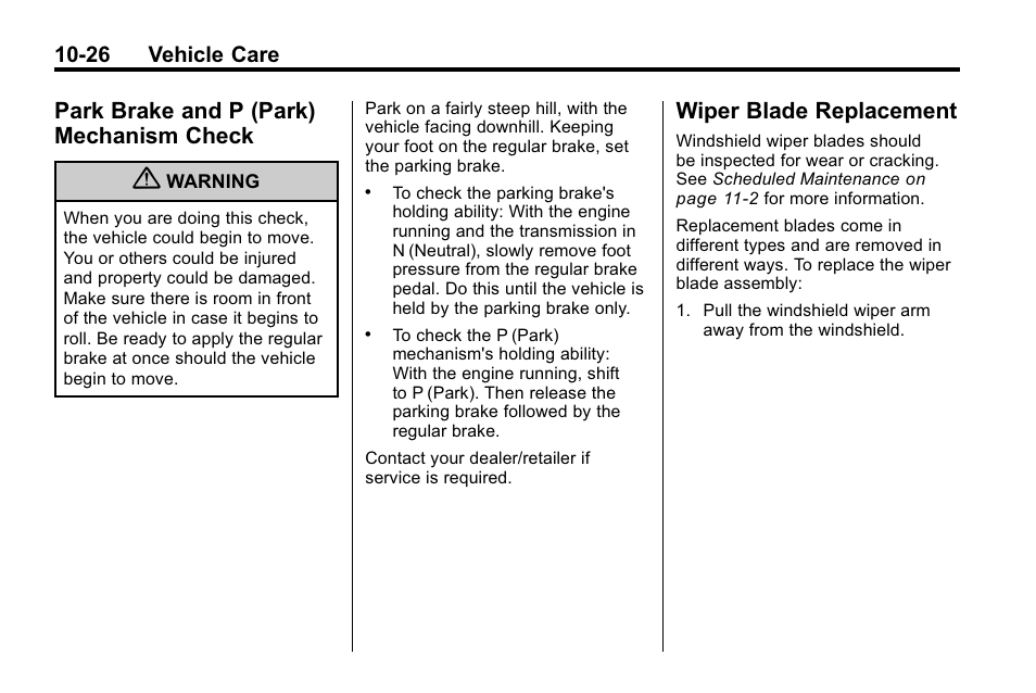 Park brake and p (park) mechanism check, Wiper blade replacement, Park brake and p (park) | Mechanism check -26, Wiper blade, Replacement -26 | Buick 2010 Enclave User Manual | Page 328 / 440