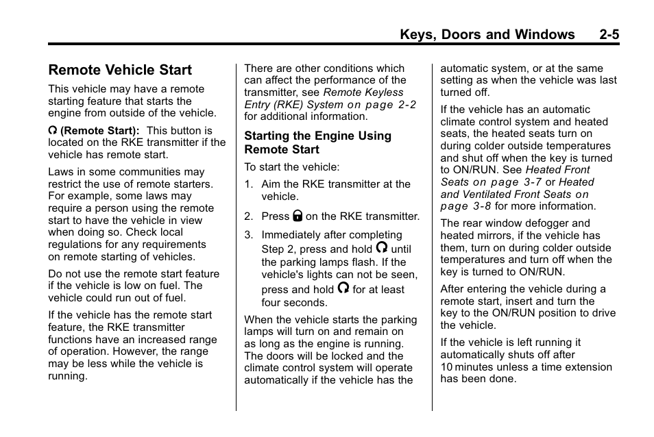 Remote vehicle start, Remote vehicle start -5, Heated | Keys, doors and windows 2-5 | Buick 2010 Enclave User Manual | Page 33 / 440