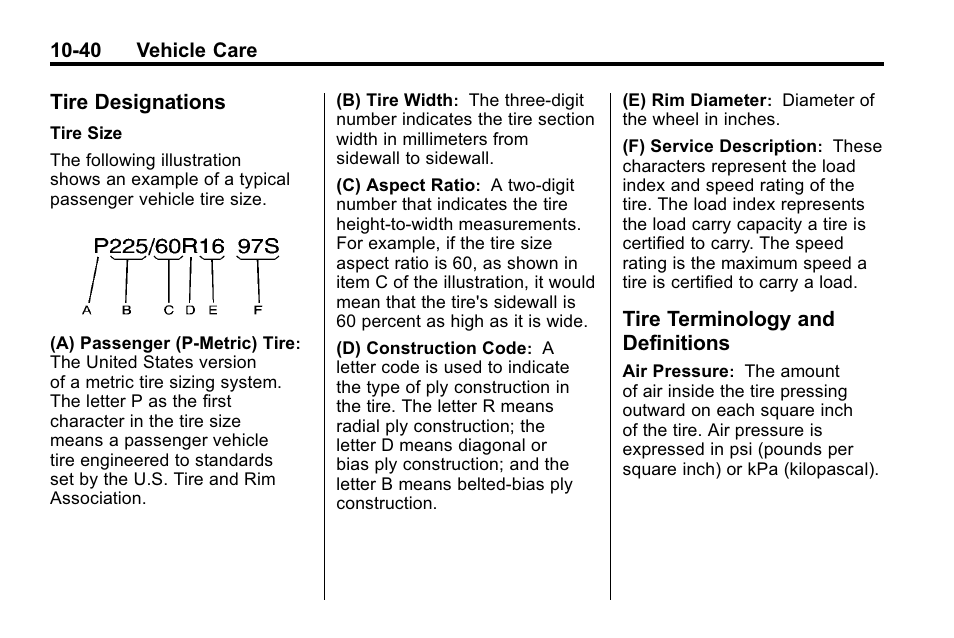 Tire designations, Tire terminology and definitions, Tire designations -40 tire terminology and | Definitions -40 | Buick 2010 Enclave User Manual | Page 342 / 440
