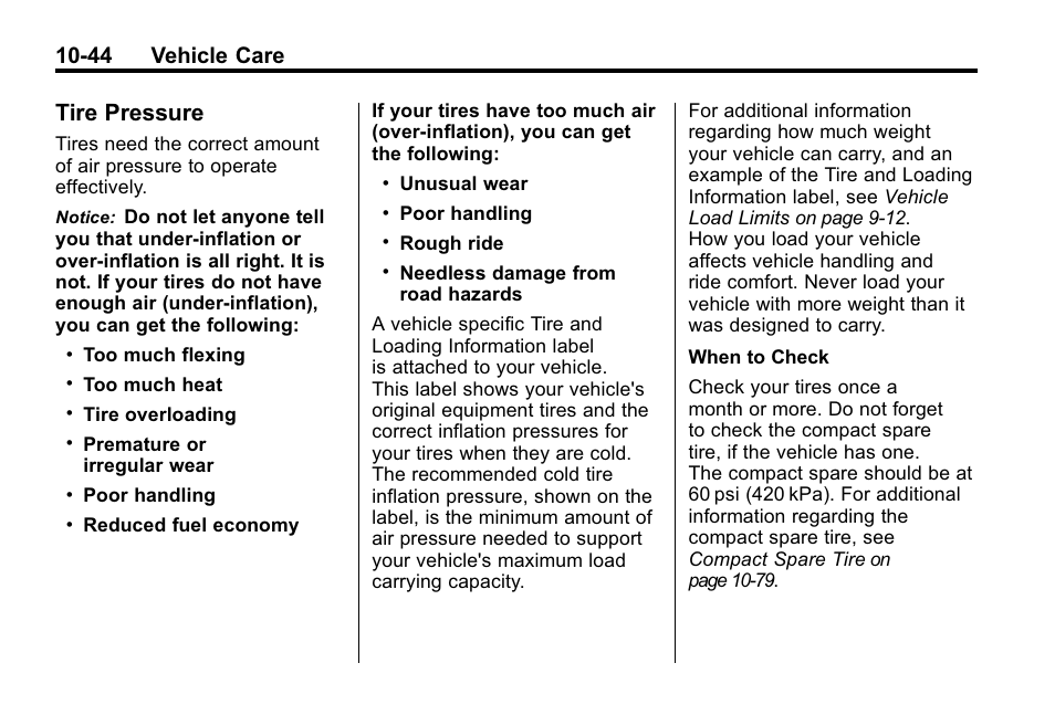 Tire pressure, Tire pressure -44, 44 vehicle care | Buick 2010 Enclave User Manual | Page 346 / 440
