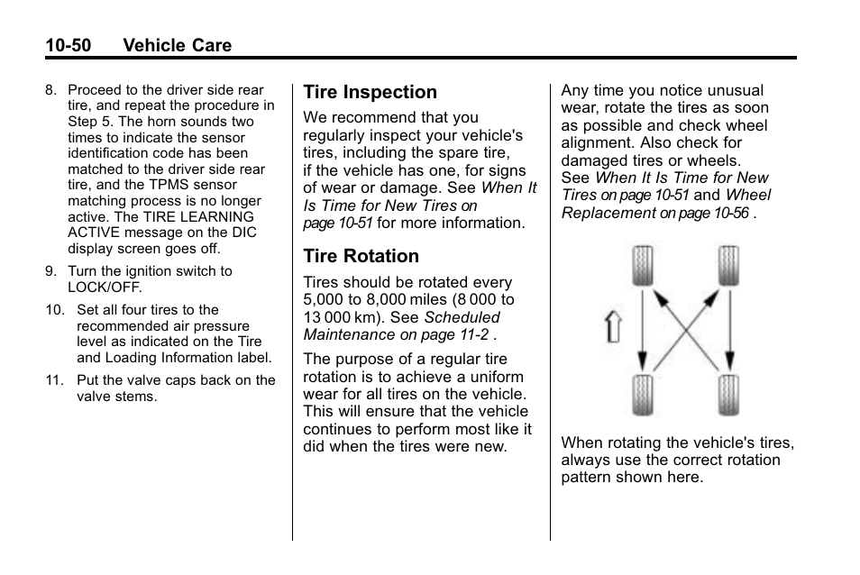 Tire inspection, Tire rotation, Tire inspection -50 tire rotation -50 | Buick 2010 Enclave User Manual | Page 352 / 440