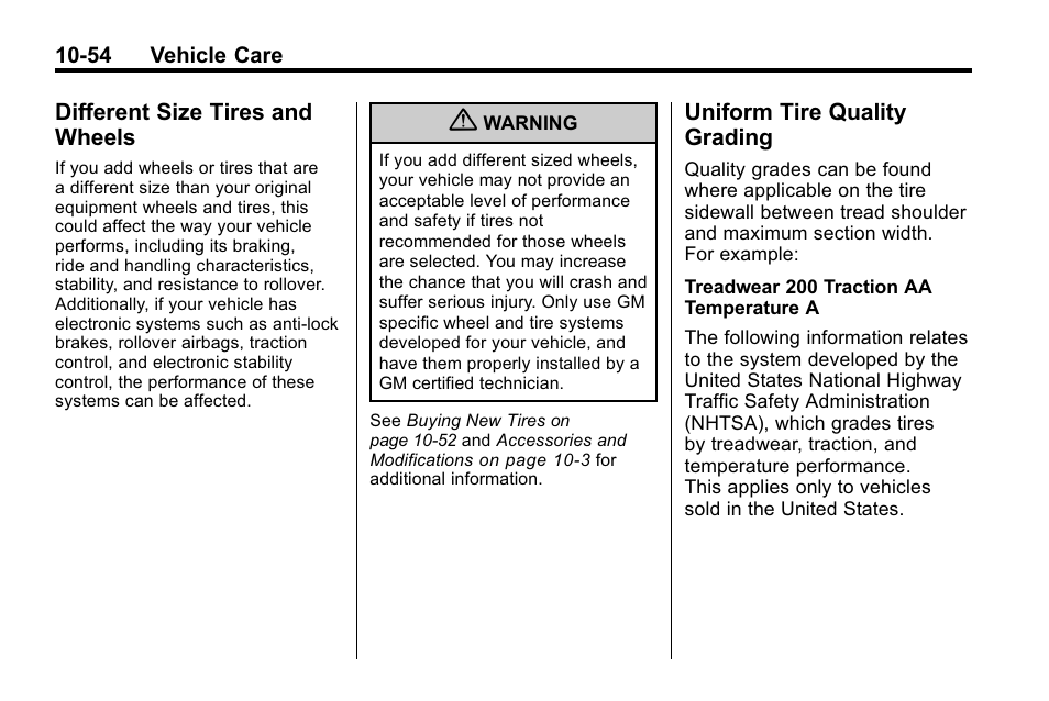 Different size tires and wheels, Uniform tire quality grading, Different size tires and | Wheels -54, Uniform tire quality, Grading -54, Exterior | Buick 2010 Enclave User Manual | Page 356 / 440