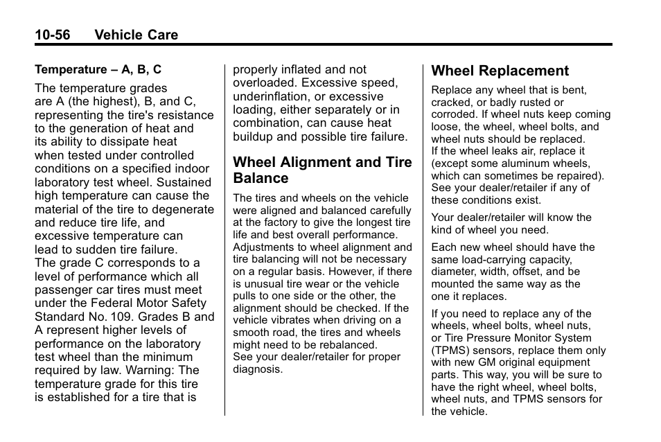 Wheel alignment and tire balance, Wheel replacement, Wheel alignment and tire | Balance -56, Wheel replacement -56 | Buick 2010 Enclave User Manual | Page 358 / 440