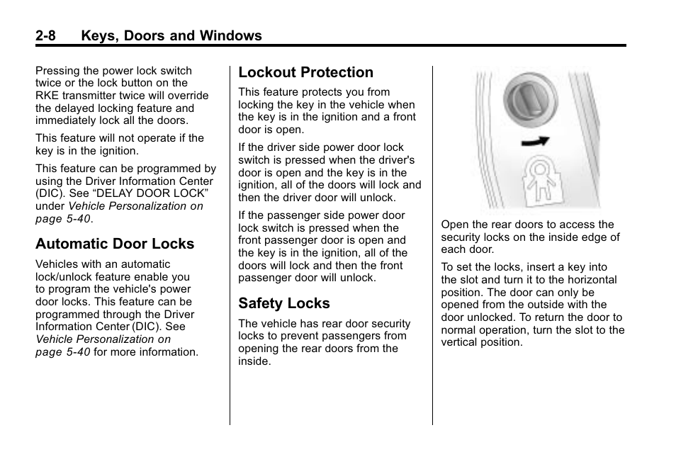 Automatic door locks, Lockout protection, Safety locks | Buick 2010 Enclave User Manual | Page 36 / 440