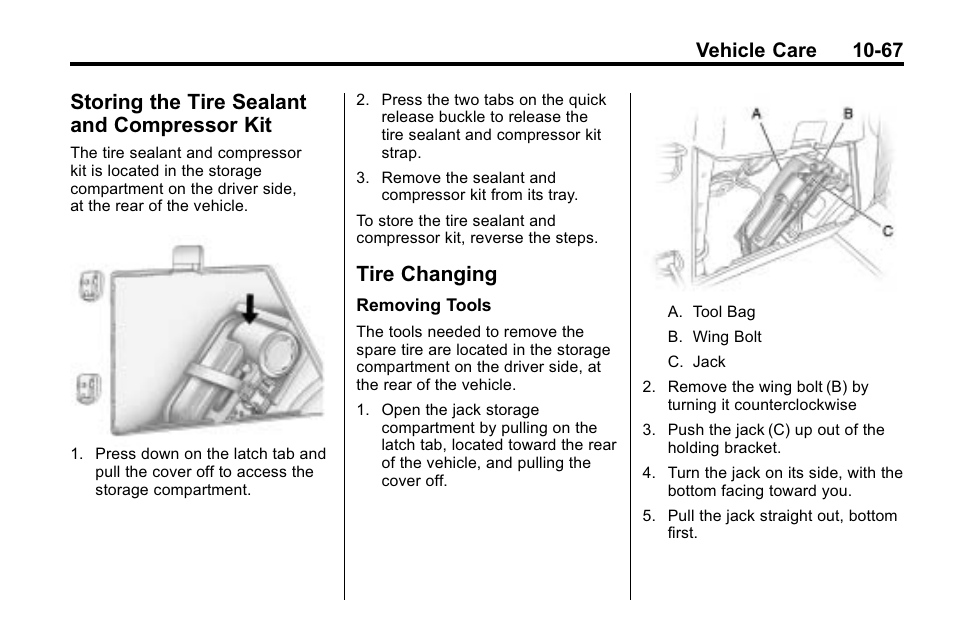 Storing the tire sealant and compressor kit, Tire changing, Storing the tire sealant and | Compressor kit -67, Tire changing -67, Vehicle care 10-67 | Buick 2010 Enclave User Manual | Page 369 / 440