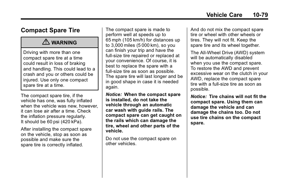 Compact spare tire, Compact spare tire -79 | Buick 2010 Enclave User Manual | Page 381 / 440