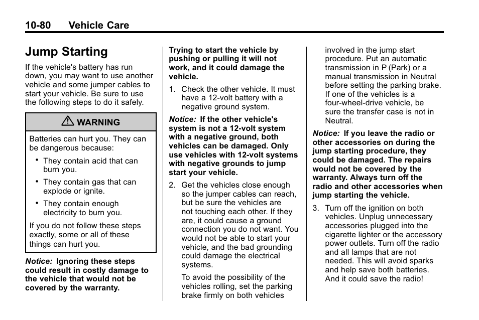 Jump starting, Jump starting -80, 80 vehicle care | Buick 2010 Enclave User Manual | Page 382 / 440