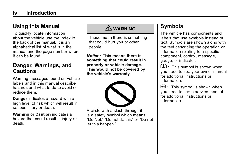 Using this manual, Danger, warnings, and cautions, Symbols | Buick 2010 Enclave User Manual | Page 4 / 440